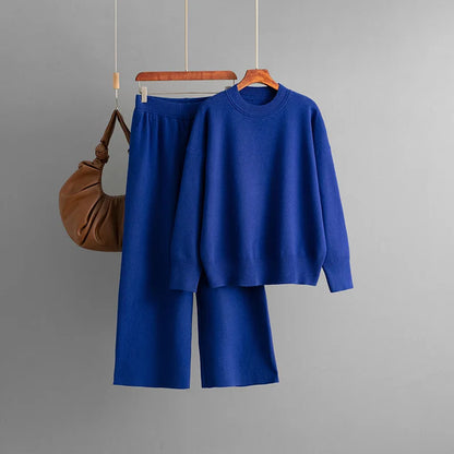 alalar | Knit Sweater & High-Waist Pants Set – O-Neck Long Sleeve Winter Outfit