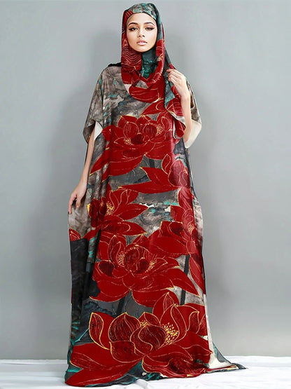 alalar-Scarf-Abaya Muslim Abayas For Women 2025 New Printed Silk Soft Loose Femme Elegant Robe African Maxi Party Dresses With Belt Turban