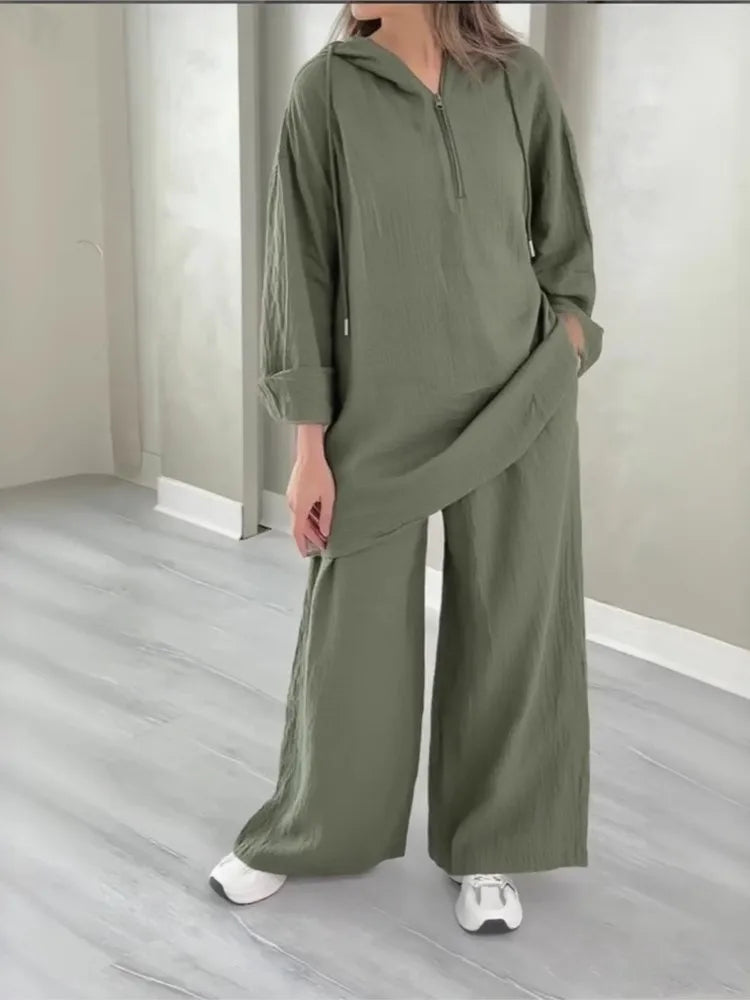alalar| Hooded Half-zipper Top Wide-leg Pants Set Loose Casual 2-piece Set