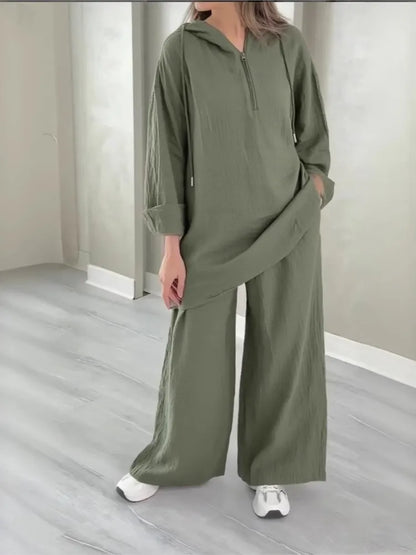 alalar| Hooded Half-zipper Top Wide-leg Pants Set Loose Casual 2-piece Set