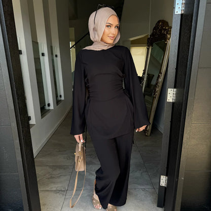 alalar | Two-Piece Modest Outfit Set – Lace-Up Blouse & Wide-Leg Pants (Ramadan & Eid)