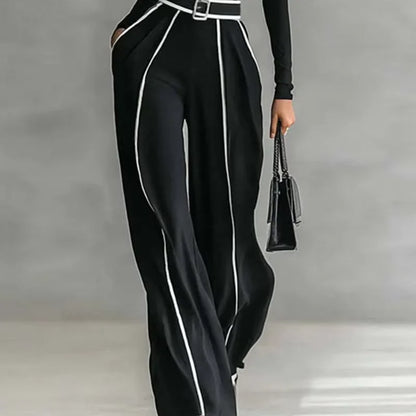 Autumn Striped Print Patchwork Woman Overalls Elegant High Neck Slim Top Pullover & Wide Leg Trousers Suit Winter Outfit Suit