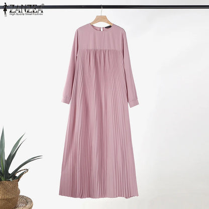 alalar | Modest Pleated Maxi Abaya Dress – O-Neck Long Sleeve Loose Fit (Up to 3XL)