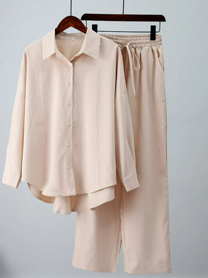 alalar | Summer Loose Two-Piece Set – Wrinkle Shirt & Wide-Leg Pants (Lightweight & Modest)