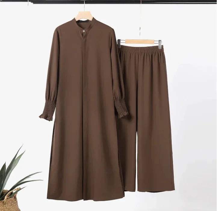 alalar | Two-Piece Modest Kimono Set – Long Coat & Wide-Leg Pants ( Dubai Style)