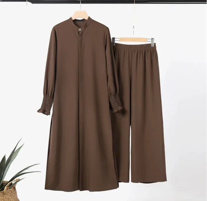 alalar | Two-Piece Modest Kimono Set – Long Coat & Wide-Leg Pants ( Dubai Style)