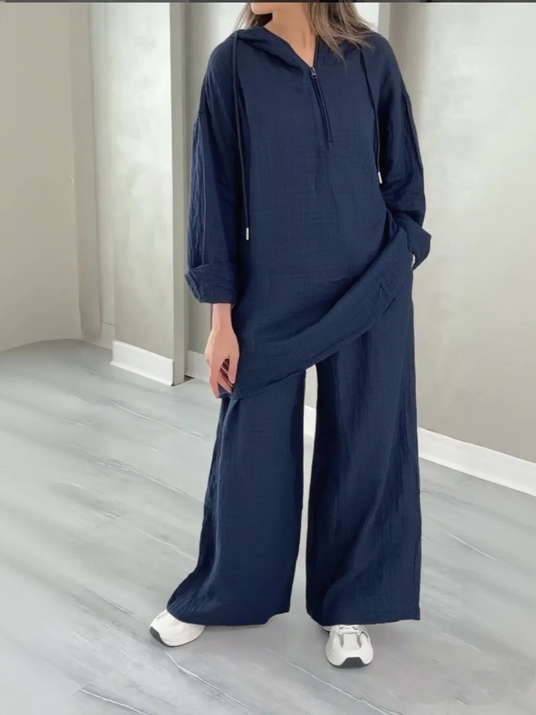 alalar| Hooded Half-zipper Top Wide-leg Pants Set Loose Casual 2-piece Set