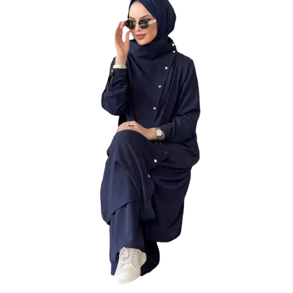 alalar | Vintage Printed Abaya Pants Set – Long Sleeve Modest Outfit for Women