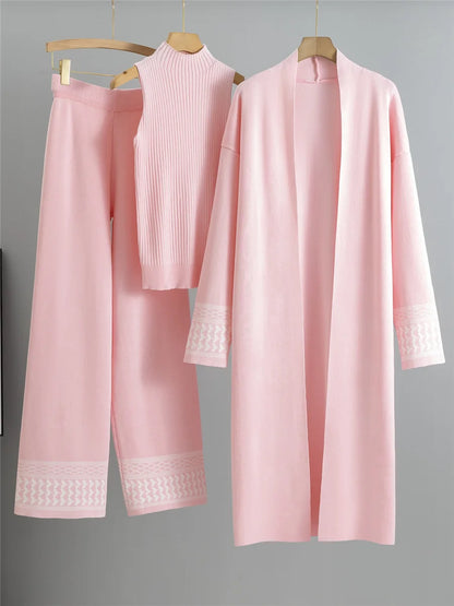 alalar | Korean Knit 3-Piece Set – Vest, Long Cardigan & Wide-Leg Pants