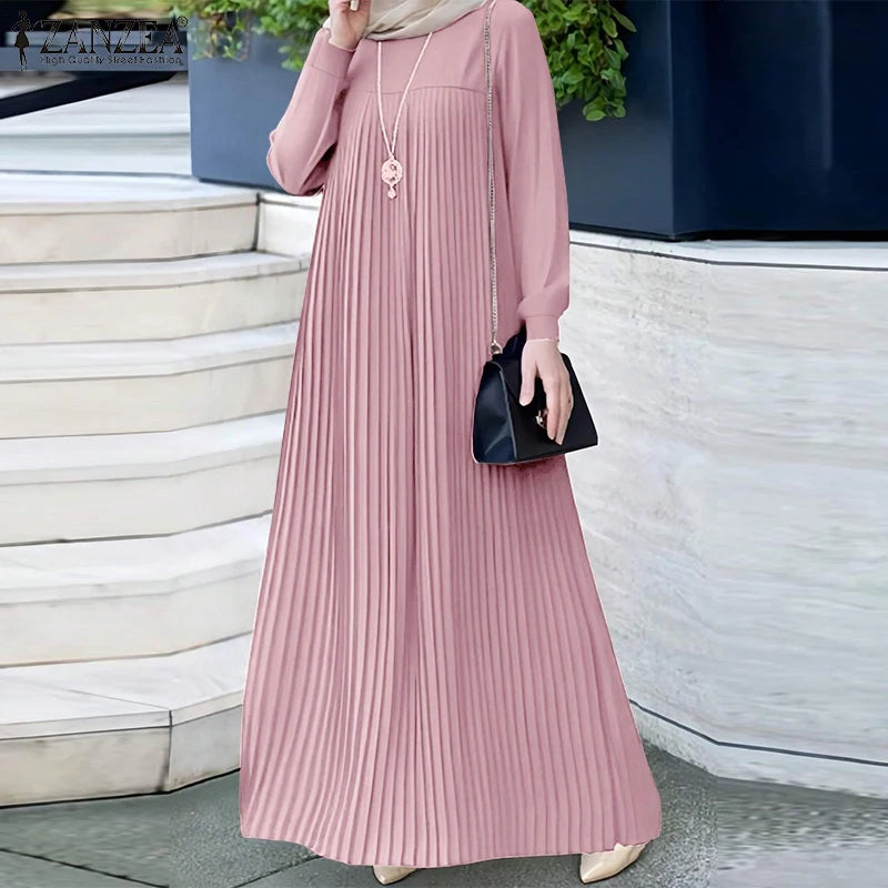 alalar | Modest Pleated Maxi Abaya Dress – O-Neck Long Sleeve Loose Fit (Up to 3XL)