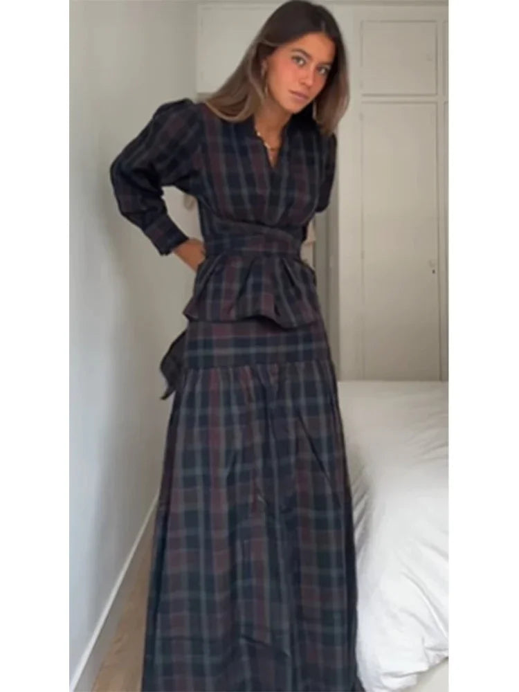 alalar | Elegant Pleated Checkered Two-Piece Suit – Lantern Sleeve Office Set (Autumn 2025)