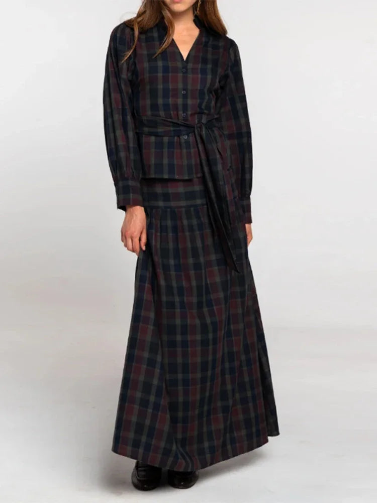 alalar | Elegant Pleated Checkered Two-Piece Suit – Lantern Sleeve Office Set (Autumn 2025)