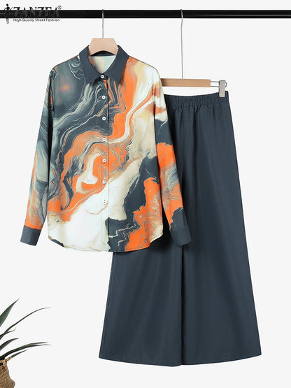 ZANZEA Fashion Women Two Pieces Sets Long Sleeve Lapel Shirt Wide Leg Pant Sets 2PCS Holiday Outfits Casual OL Work Tracksuits