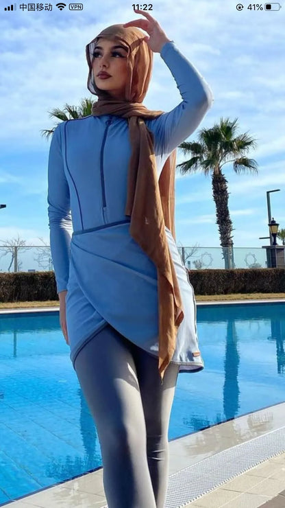 alalar | 3-Piece Modest Patchwork Burkini Swimsuit – Sporty Long-Sleeve Swimwear with Hijab