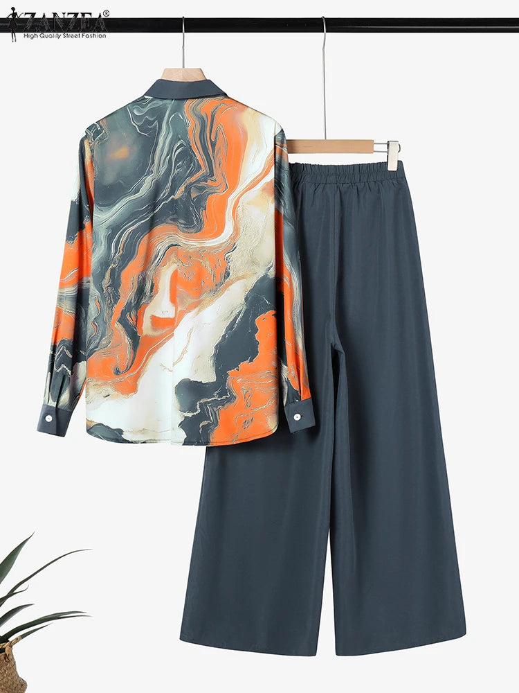 ZANZEA Fashion Women Two Pieces Sets Long Sleeve Lapel Shirt Wide Leg Pant Sets 2PCS Holiday Outfits Casual OL Work Tracksuits