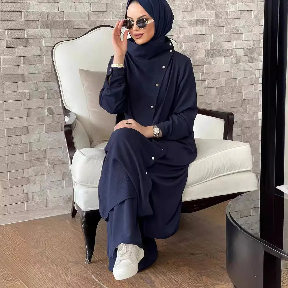 alalar | Vintage Printed Abaya Pants Set – Long Sleeve Modest Outfit for Women