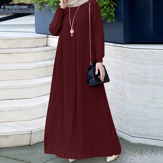 alalar | Modest Pleated Maxi Abaya Dress – O-Neck Long Sleeve Loose Fit (Up to 3XL)