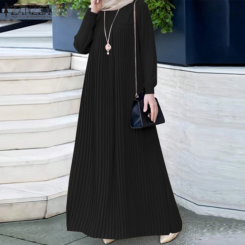alalar | Modest Pleated Maxi Abaya Dress – O-Neck Long Sleeve Loose Fit (Up to 3XL)