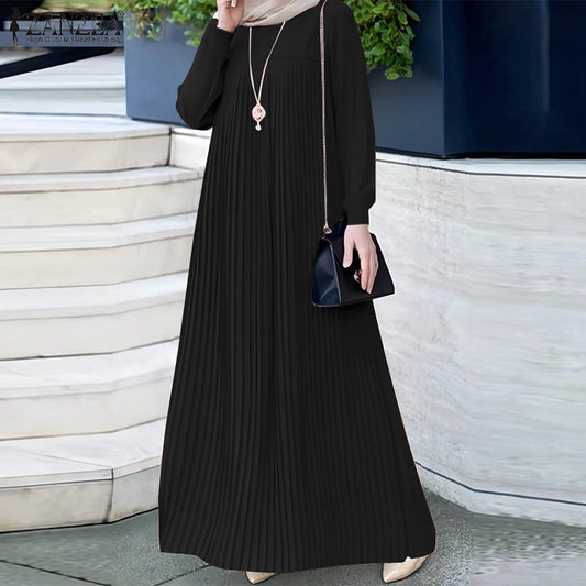 alalar | Modest Pleated Maxi Abaya Dress – O-Neck Long Sleeve Loose Fit (Up to 3XL)