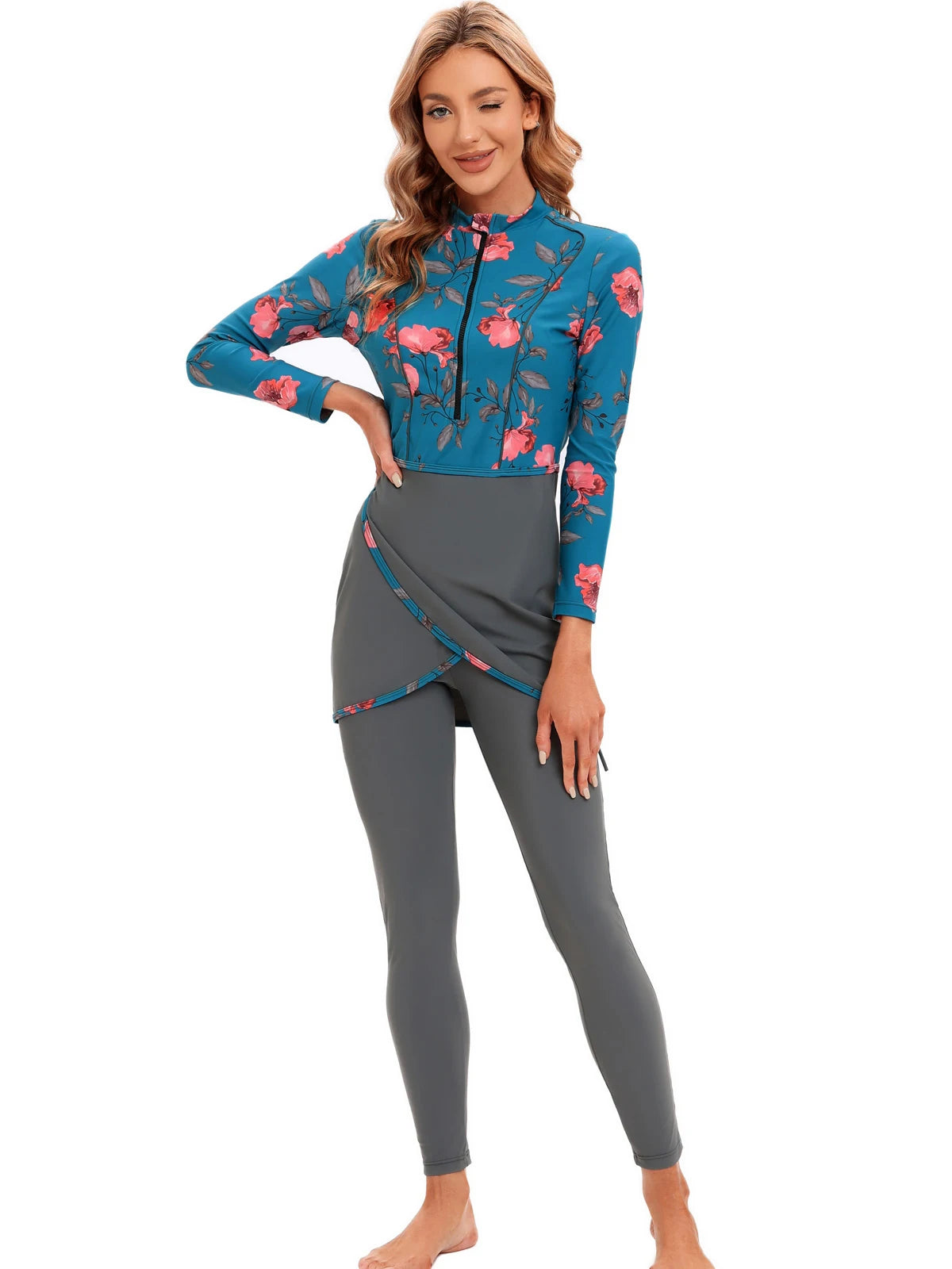 alalar | 3-Piece Modest Patchwork Burkini Swimsuit – Sporty Long-Sleeve Swimwear with Hijab