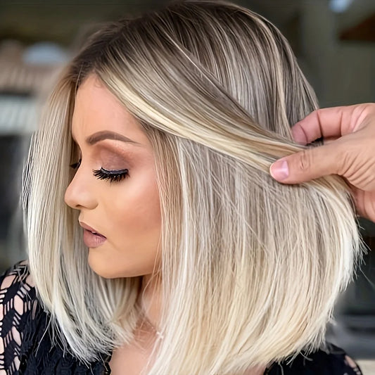 alalar-Ombre Blonde Bob Wig for Women Short Straight Brown Blonde Highlights Synthetic Natural Hair Cosplay Daily Date Wigs Middle Part