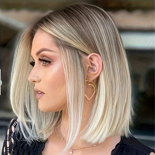 alalar-Ombre Blonde Bob Wig for Women Short Straight Brown Blonde Highlights Synthetic Natural Hair Cosplay Daily Date Wigs Middle Part