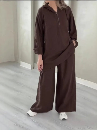alalar| Hooded Half-zipper Top Wide-leg Pants Set Loose Casual 2-piece Set