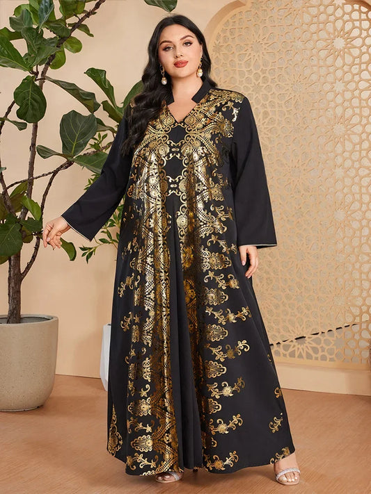 alalar | Retro Ethnic Print Black Abaya – Loose V-Neck Long Dress (Plus Size Friendly)|Dubai Abaya