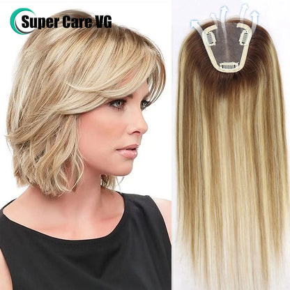 alalar-HairCare-14Inch Blonde Highlight European Human Hair Toppers Hair Pieces For Women Swiss Lace Clips In Toppers Extension For Woman Toupee