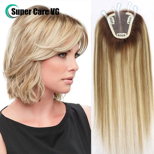 alalar-HairCare-14Inch Blonde Highlight European Human Hair Toppers Hair Pieces For Women Swiss Lace Clips In Toppers Extension For Woman Toupee
