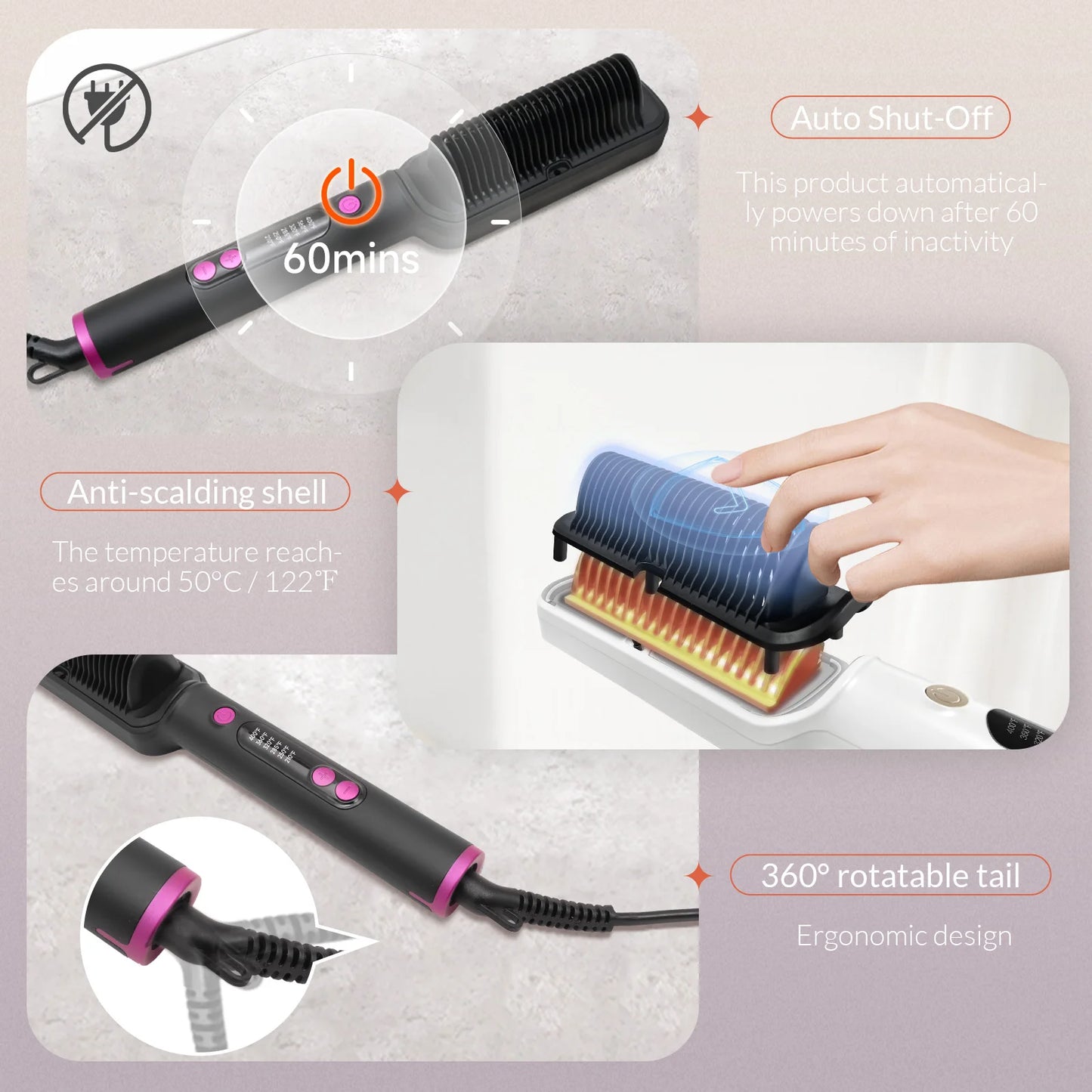 alalar-Health-Beauty-Hair Straightener Brush with Six Temperature Settings-فرشاة فرد الشعر مع ستة إعدادات لدرجة الحرارة
