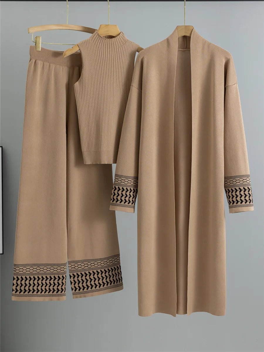 alalar | Korean Knit 3-Piece Set – Vest, Long Cardigan & Wide-Leg Pants