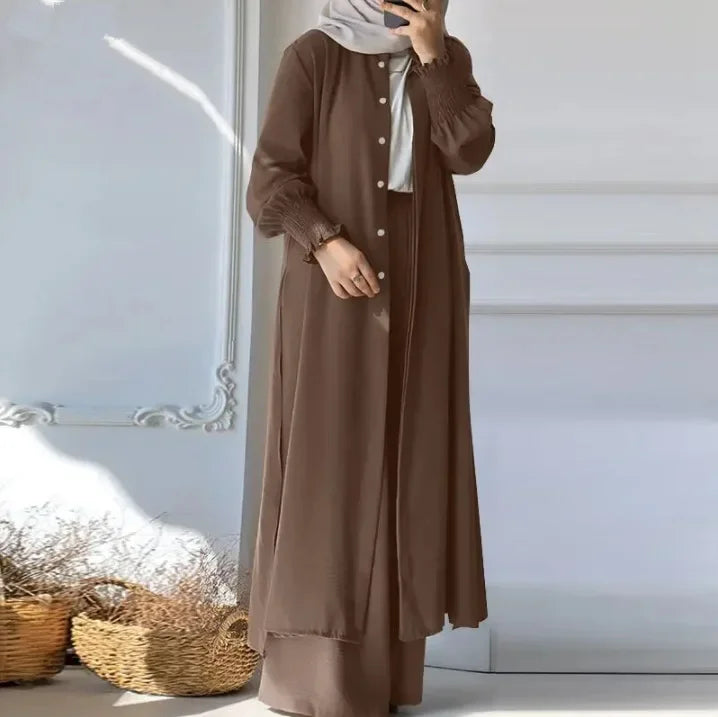 alalar | Two-Piece Modest Kimono Set – Long Coat & Wide-Leg Pants ( Dubai Style)