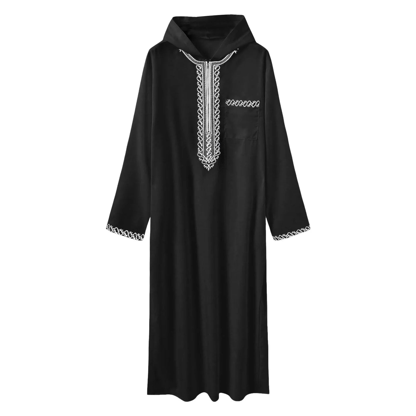 ALALAR | Men’s Hooded Embroidered Abaya – Islamic Long Robe with Half Zipper Middle Eastern Jilbab for Eid
