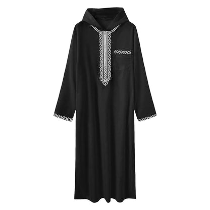ALALAR | Men’s Hooded Embroidered Abaya – Islamic Long Robe with Half Zipper Middle Eastern Jilbab for Eid