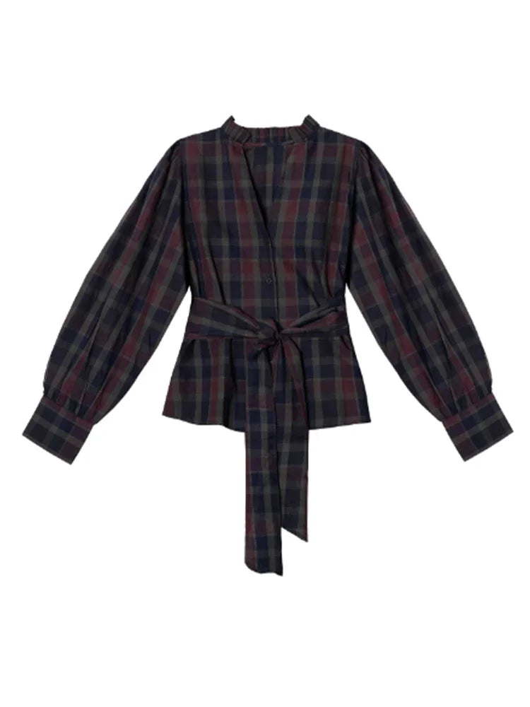 alalar | Elegant Pleated Checkered Two-Piece Suit – Lantern Sleeve Office Set (Autumn 2025)