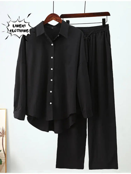 alalar | Summer Loose Two-Piece Set – Wrinkle Shirt & Wide-Leg Pants (Lightweight & Modest)