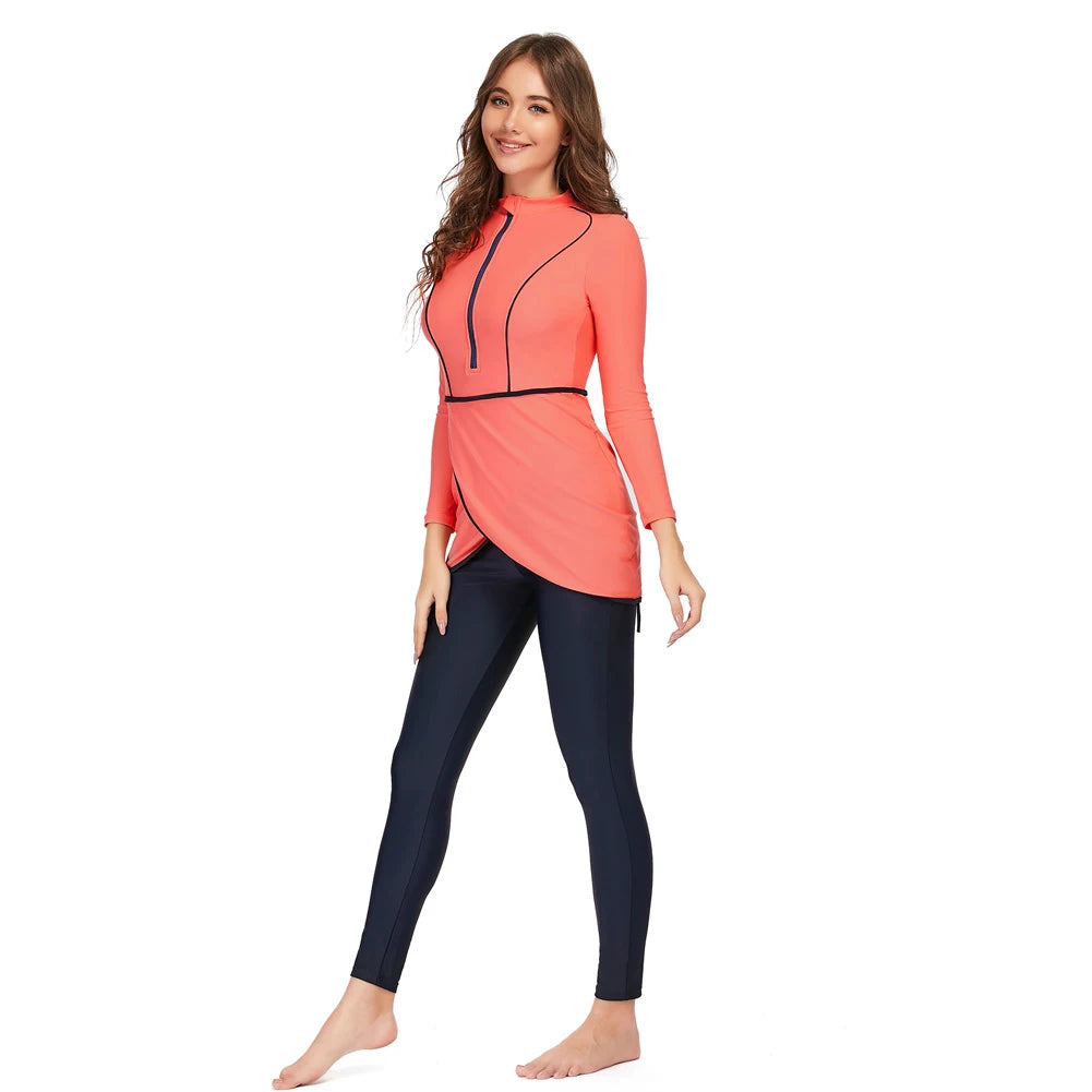 alalar | 3-Piece Modest Patchwork Burkini Swimsuit – Sporty Long-Sleeve Swimwear with Hijab