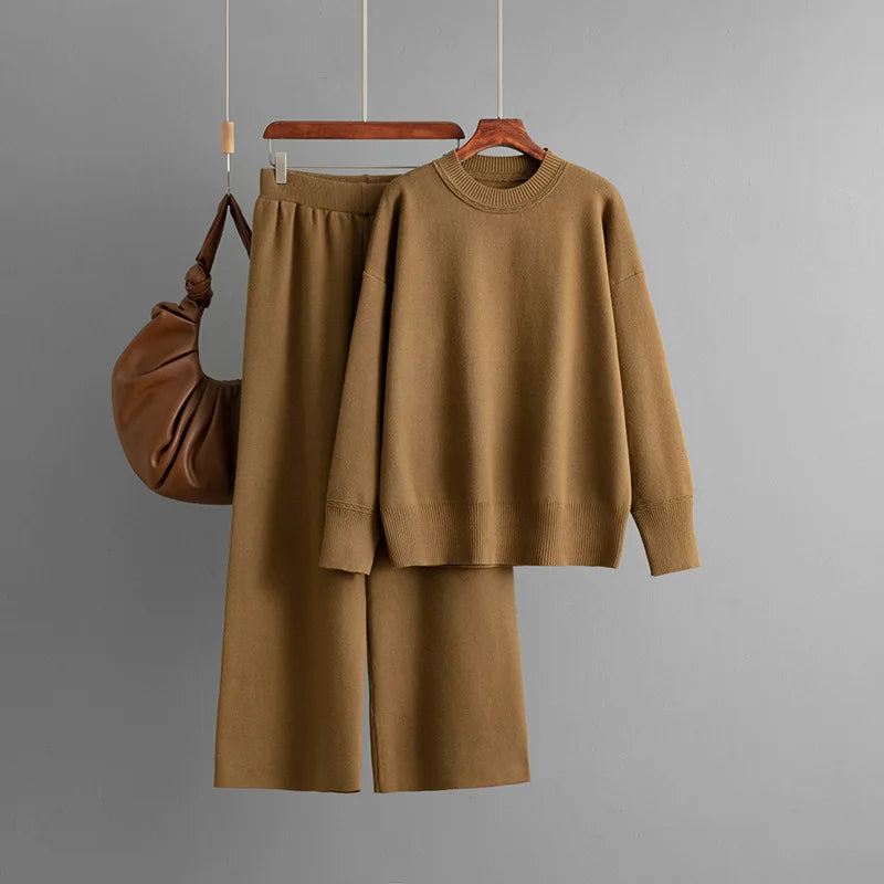 alalar | Knit Sweater & High-Waist Pants Set – O-Neck Long Sleeve Winter Outfit