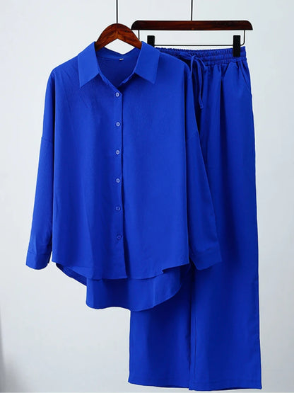 alalar | Summer Loose Two-Piece Set – Wrinkle Shirt & Wide-Leg Pants (Lightweight & Modest)