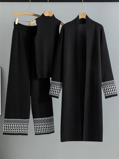 alalar | Korean Knit 3-Piece Set – Vest, Long Cardigan & Wide-Leg Pants