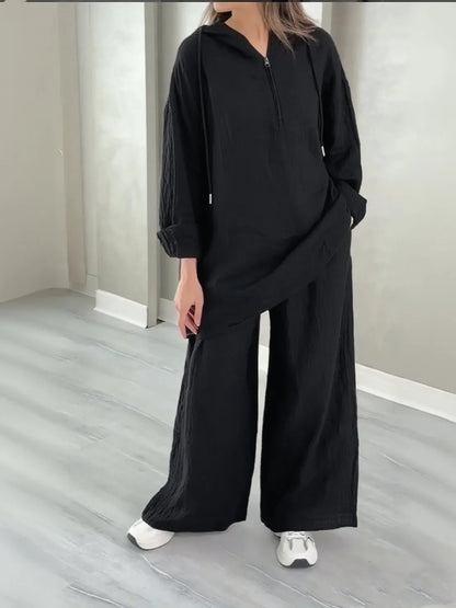 alalar| Hooded Half-zipper Top Wide-leg Pants Set Loose Casual 2-piece Set