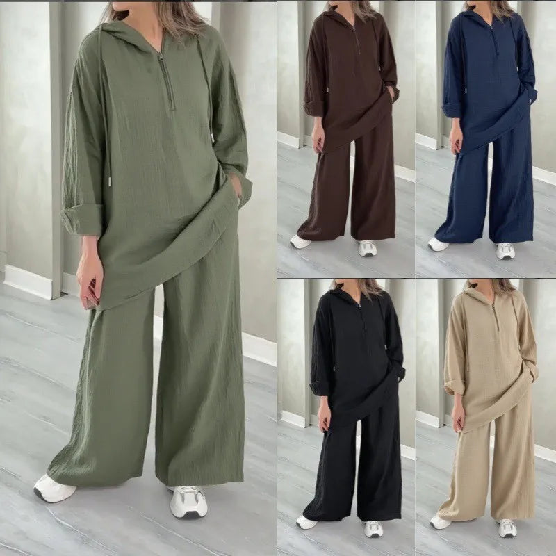 alalar| Hooded Half-zipper Top Wide-leg Pants Set Loose Casual 2-piece Set