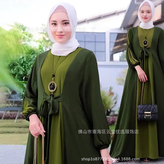 alalar | Elegant Color-Block Long Robe Dress — Loose Fit, Modest Fashion -فستان فضفاض أنيق بأكمام طويلة ورقبة مستديرة ومتعدد الألوان