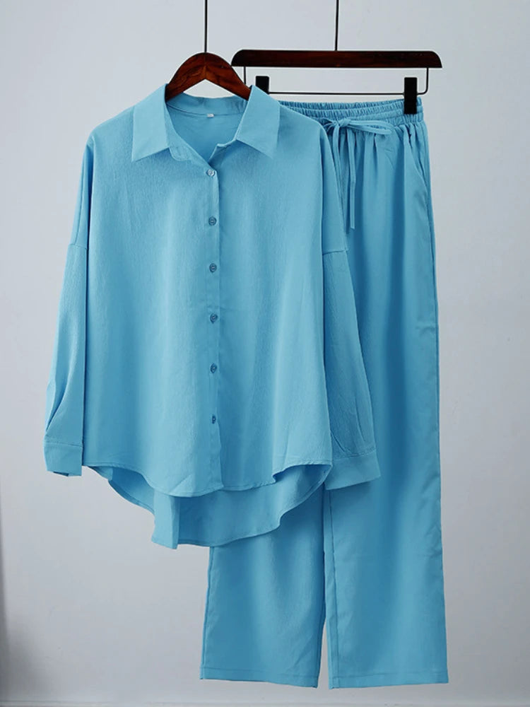 alalar | Summer Loose Two-Piece Set – Wrinkle Shirt & Wide-Leg Pants (Lightweight & Modest)