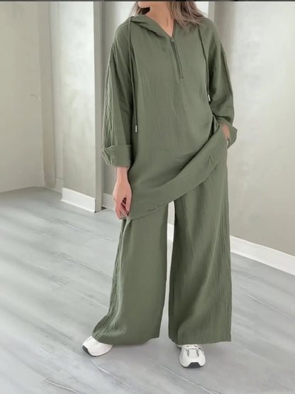 alalar| Hooded Half-zipper Top Wide-leg Pants Set Loose Casual 2-piece Set