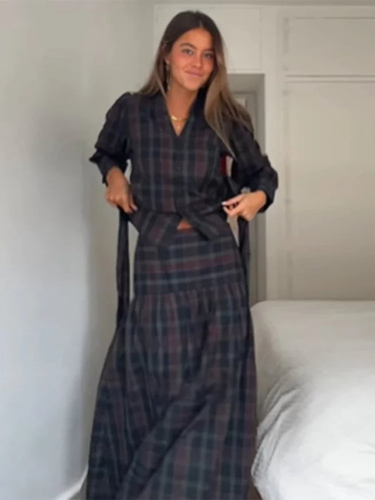 alalar | Elegant Pleated Checkered Two-Piece Suit – Lantern Sleeve Office Set (Autumn 2025)