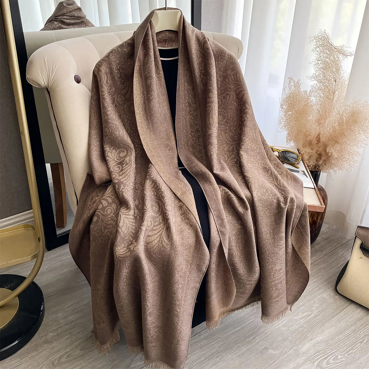 alalar-Elegant Muslim Women Long Hijab Scarf with Golden Thread-