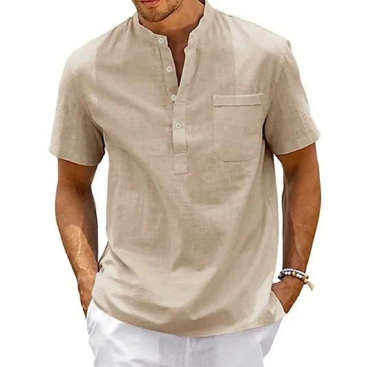 alalar-Men's Clothing Cotton Linen Shirt Men Henley Neck Pocket Casual Beach Short Sleeve Solid Color Male Tops T-shirts Vintage Streetwear