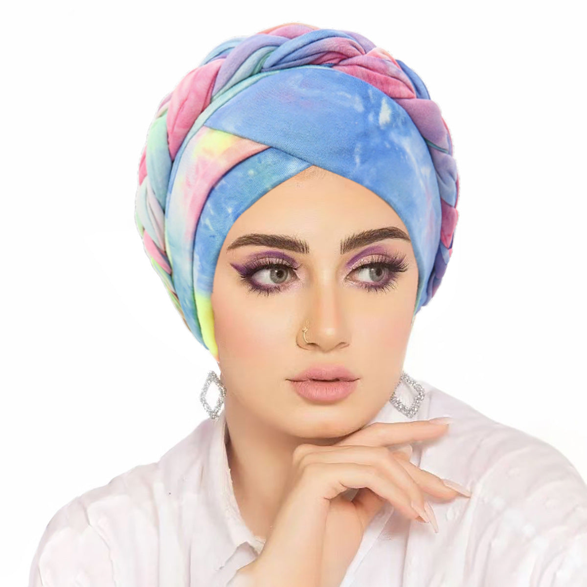 Women's Middle Eastern-Inspired Tie-Dye Headscarf - Gradient Orange to Pink Soft Non-Elastic Fabric with Intricate Tying, Turquoise Blue & Pastel Pink Marbled Pattern for Casual & Formal Wear, Versatile Cultural Fashion Acces